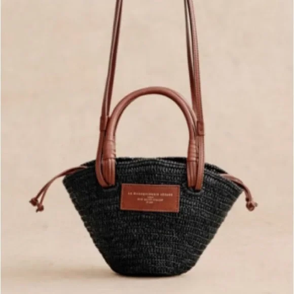 Sezane Mini Justine Basket Bag in Black with Brown Leather Trim - Picture 1 of 7